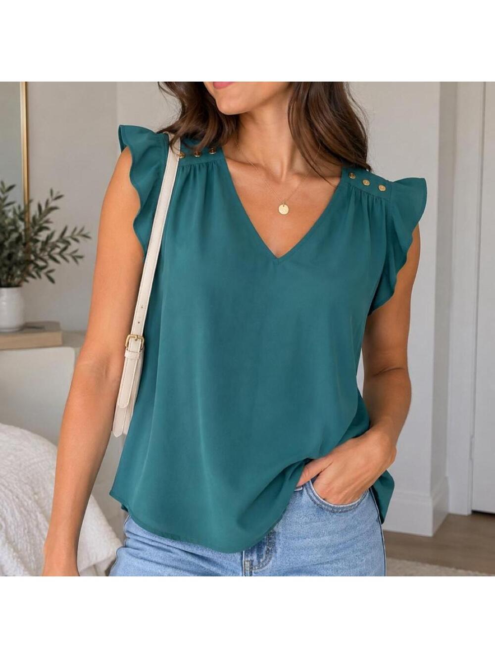 LOFT Teal Ruffle Sleeve Blouse | Size Small